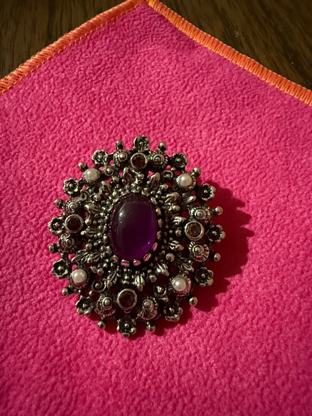 Sarah Coventry Silver-Tone Brooch with Purple Cabochon and Pearlescent Accents-